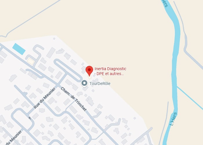 Diagnostic Immobilier DPE: Trouvez Inertia sur la carte Carte localisant Inertia Diagnostic (DPE) près de Rue du Meunier et Chem. de Trinchet, bordée par la rivière L'Hers.