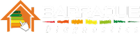 BARRAQUE Diagnostics | Votre expert DPE immobilier. Logo BARRAQUE Diagnostics. Maison orange, échelle DPE avec niveaux de performance énergétique (vert à rouge). Le curseur indique un niveau moyen.